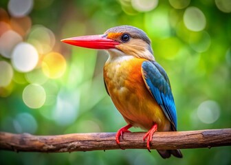 Obraz premium Red-Billed Kingfisher Bird Perched on Branch, Vibrant Colors, Wildlife Photography