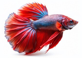 Fototapeta premium Red Betta Fish Swimming Down, Colorful Siamese Fighting Fish, White Background, Tilt-Shift Photography