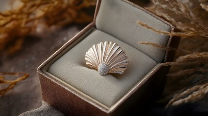 Elegant Gold Ring with Shell Design and Sparkling Diamond Accent