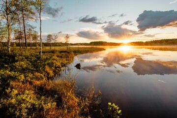 Obraz premium Sunset over serene lake with reflections.