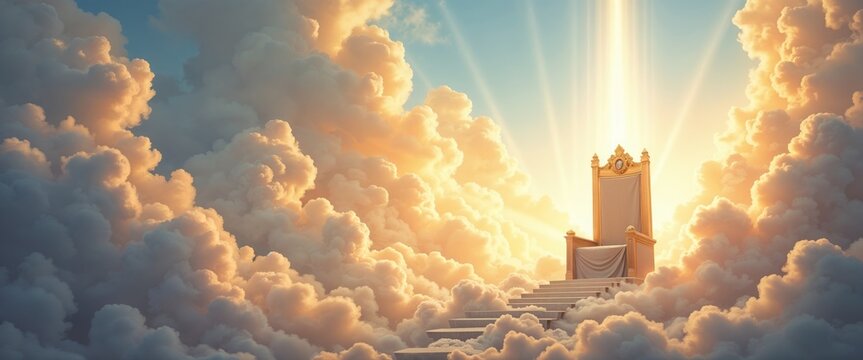 Lord's Throne. Heavenly throne with clouds, golden light, and divine rays.Divine royalty. Supreme grace. Heavenly presence.spiritual journey. Islamic religious art. event decoration.