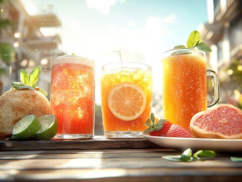 Embrace Balance and Healthy Decisions Refreshing Beverages at a Caf A tempting cafe table features options for green tea, kombucha, and fresh juice, highlighting balanced beverage choices for a