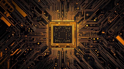 Golden CPU on Circuit Board; Tech Innovation.