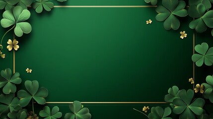 Elegant background with green color, decorated with clover leaves of different sizes and shades, including golden elements. Copy space.