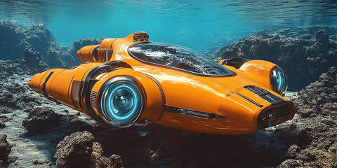 Futuristic yellow submarine navigating an underwater cave, surrounded by rocks and illuminated by blue ocean light. The vehicle features advanced technology details.