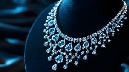 Fototapeta premium Elegant Diamond and Blue Gem Necklace on Black Background Display