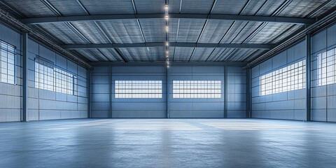 Fototapeta premium Large empty warehouse interior with high ceilings, metal walls, and rows of windows. The industrial space is evenly lit by natural and artificial light.