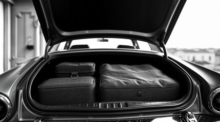 Packed car trunk ready for a journey. Luggage neatly organized in the spacious boot of a vehicle, preparing for travel or adventure.