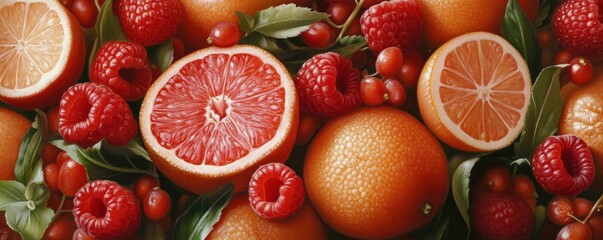 Naklejka premium Explore a lush spring garden featuring a medley of fresh fruits and vegetables, perfectly ripe and seasonally flavorful, captured in a beautiful close up The image showcases the vibrant colors of