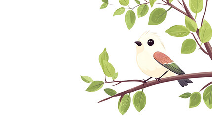 Obraz premium A cute, stylized bird perched on a branch amidst green leaves, set against a white background.