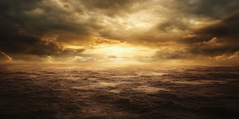 Obraz premium Dramatic desert landscape with a stormy sky and golden sunset casting a warm glow over the sand dunes. The scene evokes a surreal and atmospheric feeling.