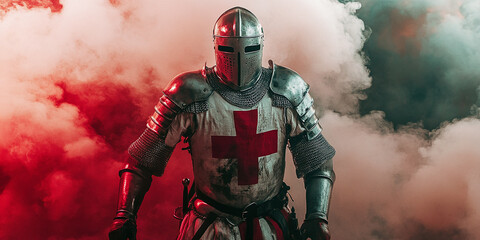 Fototapeta premium Medieval knight wearing full armor and a helmet with a red cross, standing in a cloud of red and white smoke. The dramatic lighting enhances the warrior’s imposing presence.