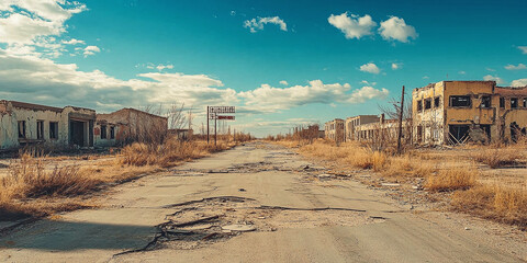 An abandoned town with crumbling buildings and a cracked road leading into the distance. Dry grass and weeds grow along the deserted street under a bright, blue sky.