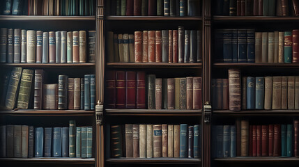 Books lined up on shelves in a library or study, featuring classic dark wood