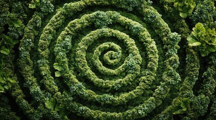 Aerial view of a lush green hedge maze featuring intricate,