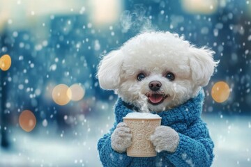 Happy cute baby dog bichon frise in winter warm clothes, holding hot tea with rising steam in paws. Hilarious pets. Animal welfare. Funny dog photos. Puppy snow fashion. Winter dog care.