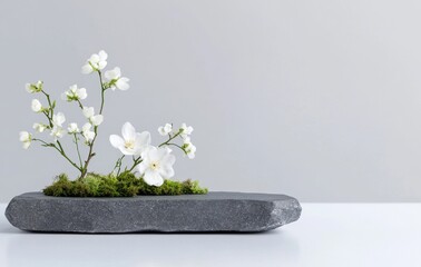 A serene floral arrangement of delicate white flowers and moss atop a smooth black stone, embodying nature and minimalist beauty.

