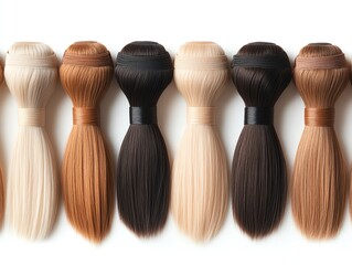 Long straight human hair extensions, caramel highlights glowing under directional light, arranged symmetrically