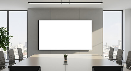 Fototapeta premium An expansive conference room showcasing a prominent white screen, ideal for presentations and group activities