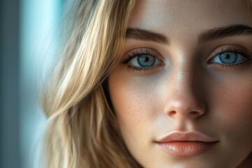Obraz premium Close-up portrait of a young woman with striking blue eyes and natural light