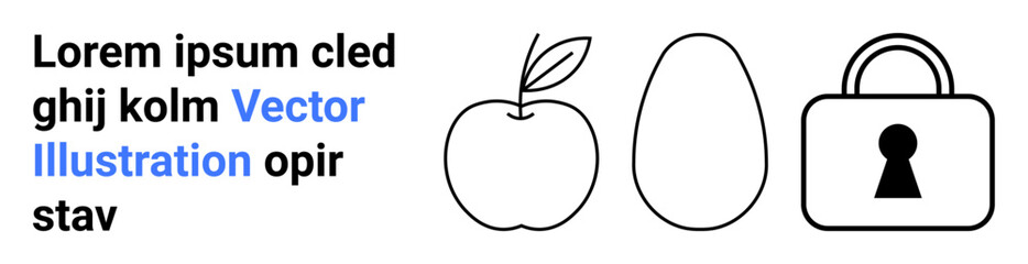 Apple, egg, and lock line drawings accompanied by placeholder text. Ideal for educational materials, presentations, learning resources, security concepts, healthy eating, minimalistic designs