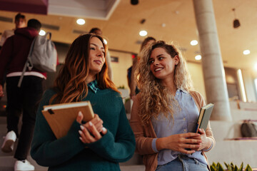 University students walking and talking on campus staircase