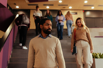 Professor walking down university stairs with students behind him