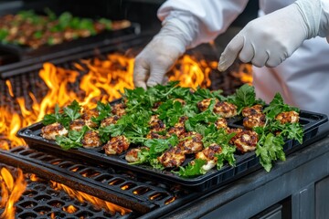 Witness pristine food production practices where hairnet, gloves, and sanitizer stations take precedence, ensuring top-level hygiene in a bustling food plant Observe the meticulous measures that