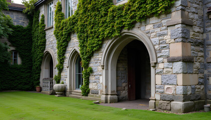 Romantic Ivy-Covered Stone Building with Gothic Arched Doorways and Classic Garden Elements