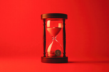 Time management concept hourglass with coins studio red background