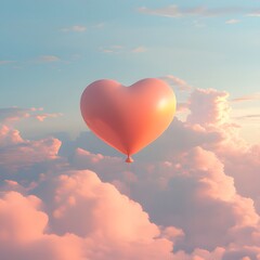 Obraz premium Heart-shaped balloon floating among pastel clouds at sunset
