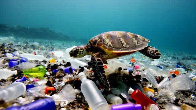 Marine turtle navigates ocean plastic pollution underwater