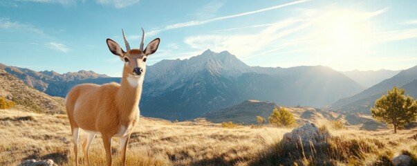 Witness wildlife roaming free across majestic mountain landscapes, captured during an adventurous outdoor trek This stunning photograph displays a brown antelope with small horns standing in a sunny