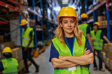 Blonde Female warehouse worker smiling while posing for a photo