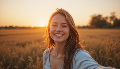 Golden Hour Glow: A young woman with a radiant smile basks in the golden light of a setting sun, her beauty illuminated by the warmth of nature.  
