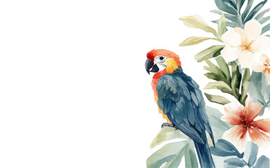 Vector watercolor parrot on palm leaves, summer poster background, summer travel web banner, monstera, palm day, tropical leaves, flowers