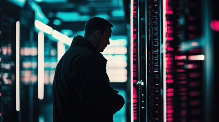 Advanced data center operations: Expert technician managing high-security server infrastructure at night, ensuring optimal network performance and reliability.
