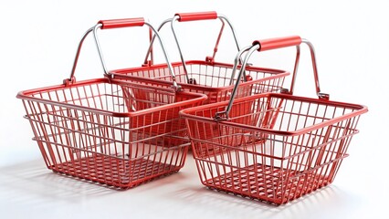 Red Shopping Baskets, Isolated White Background - Grocery, Retail, Supermarket, Shopping,  Cart