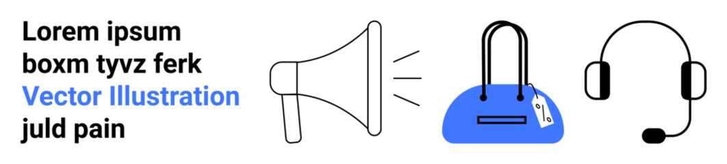 Megaphone emitting sound, padlock with a credit card, and a headset. Ideal for business communication, marketing strategies, online security, customer service, e-commerce payment, support systems