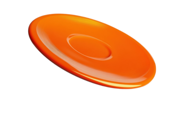 An orange flying disc soars through the air on a sunny afternoon at the local park