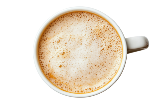 A warm cup of frothy coffee resting on a pristine white table, inviting morning tranquility