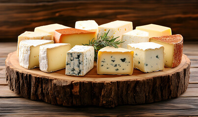 A rustic wooden board displays an assortment of gourmet cheeses, including brie, cheddar, and blue cheese, garnished with fresh rosemary.  Perfect for food blogs, restaurants, and cheese shops.