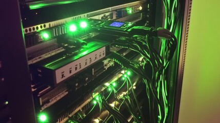 Advanced server rack illuminated with green lights, showcasing high-performance data center hardware and efficient network solutions for businesses.