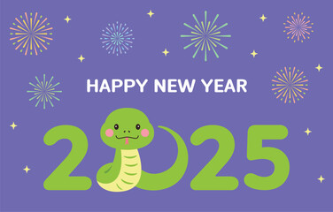 The New Year's banner for 2025 features a festive concept of fireworks exploding, a cute snake character from the Year of the Snake, and the typography 