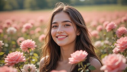 Naklejka premium Rose Garden Beauty: A young woman smiles radiantly amidst a field of blush pink roses, bathed in the warm glow of golden sunlight. Her beauty is enhanced by the natural elegance of her surroundings. 