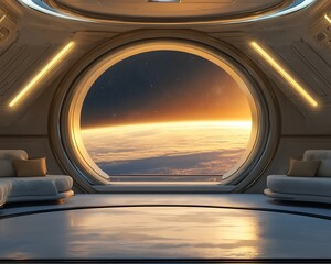 Naklejka premium Futuristic Spaceship Interior with Earth Sunset View