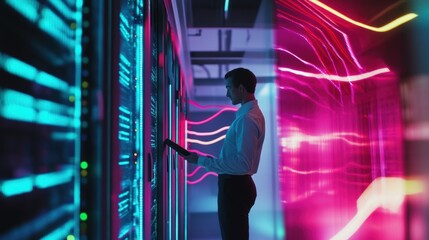 A technician monitors advanced data servers in a vibrant, high-tech facility, ensuring optimal performance and cybersecurity management.