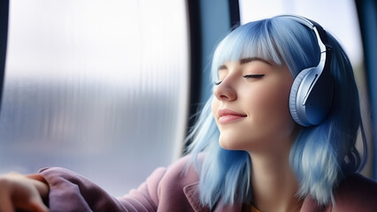 Enjoying an airplane flight in airline. Caucasian young woman with blue hair sitting in a plane seat listening music with headphones. Fly and travel