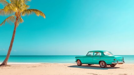 Turquoise vintage car parked on a beautiful white sand beach with a leaning palm tree, turquoise ocean, and clear blue sky creating a perfect summer travel destination