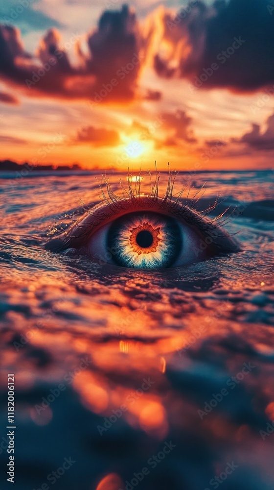 Poster a colossal eye rises from the ocean's surface, capturing the fiery hues of a stunning sunset. waves 
